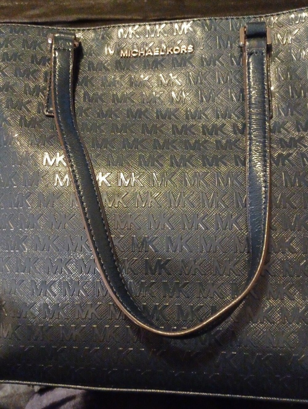 MK Navy Blue Jet Set Travel Medium Carry All Tote With All Over Monogram Log